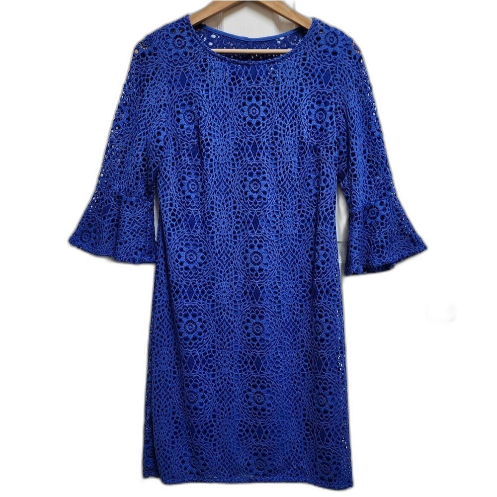 Leslie Fay Blue Floral Crochet Lace Bell Slv Lined Dress Size 6 Boho Cottagecore